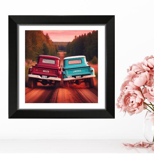 1960s Racing Trucks Down a Dirt Road Aangepaste na Foto Afdruk