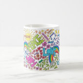 1960s retro kunst. Vrede, Liefde, Vreugde. Je naam Koffiemok (Center)