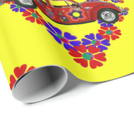 1960's Thema Bloemen en Auto Cadeaupapier