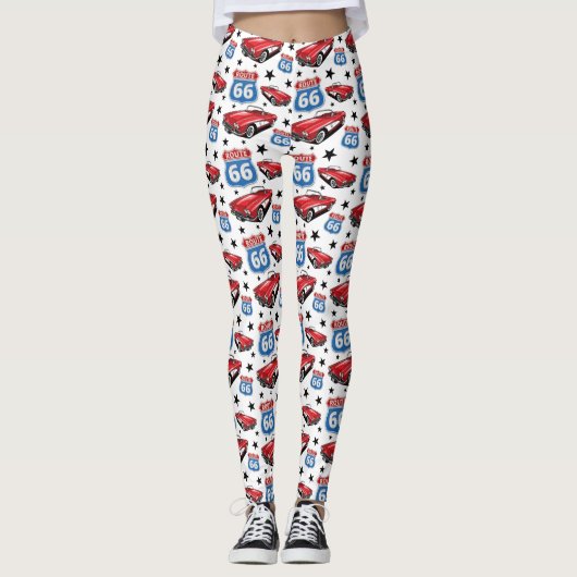 1961 C1 Red Classic Sportkaart Route 66 Sign Leggings (Voorkant)