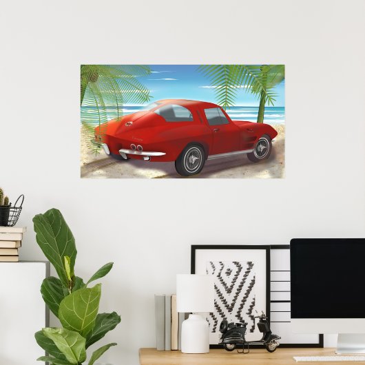 1963 Corvette Beach Scene Tekening Poster (Thuiskantoor)