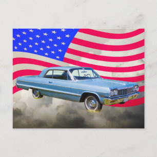 1964 Chevrolet Impala auto en Amerikaanse vlag Briefkaart