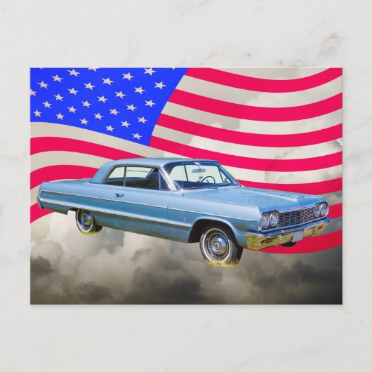 1964 Chevrolet Impala auto en Amerikaanse vlag Briefkaart (Voorkant)