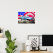 1964 Chevrolet Impala auto en Amerikaanse vlag Poster (Thuiskantoor)