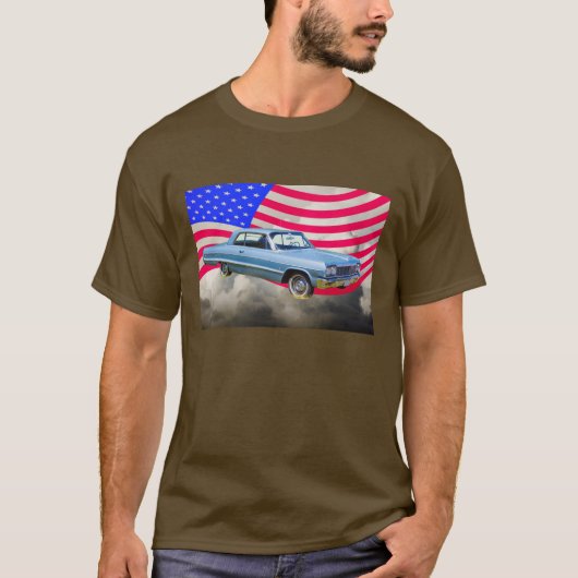 1964 Chevrolet Impala auto en Amerikaanse vlag T-shirt (Voorkant)