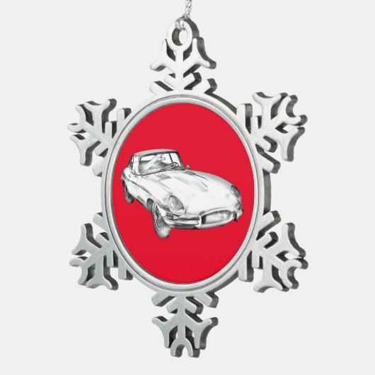 1964 Jaguar XKE Antiek sportwagen Illustratie Tin Sneeuwvlok Ornament (Rechts)