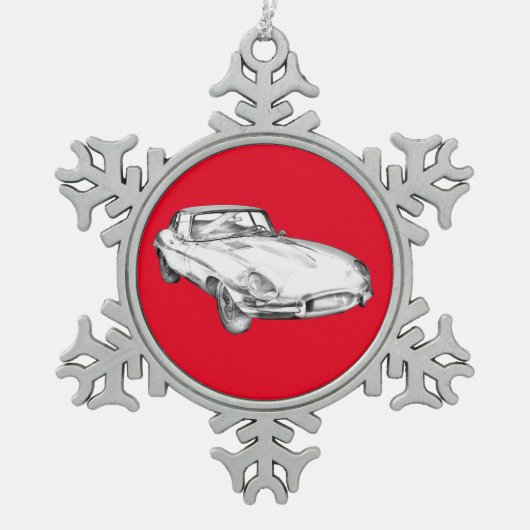 1964 Jaguar XKE Antiek sportwagen Illustratie Tin Sneeuwvlok Ornament (Voorkant)