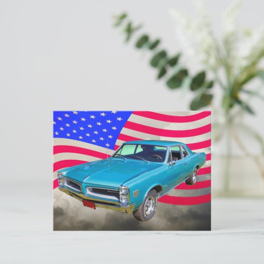 1966 Pontiac Le Mans and American Flag Briefkaart (Staand voorkant)