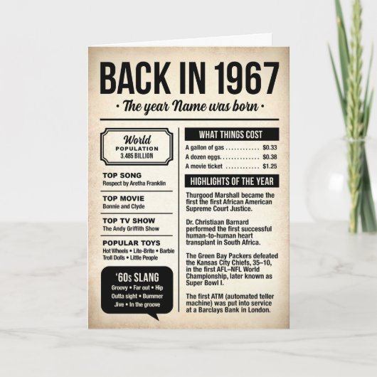 1967 Back in the Day, Fun Facts Birthday Card Kaart (Voorkant)