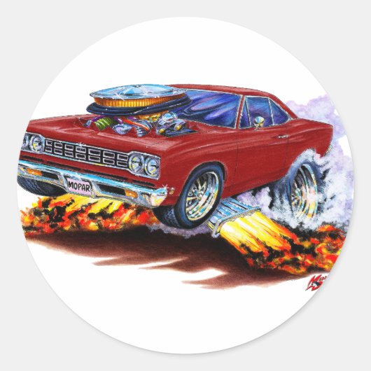 1968-69 Roadrunner Maroon Auto Ronde Sticker (Voorkant)