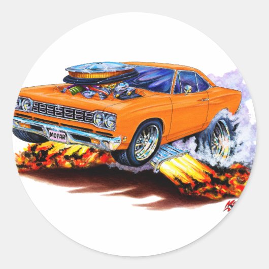 1968-69 Roadrunner Oranje auto Ronde Sticker (Voorkant)