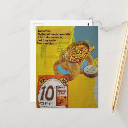 1968 maaltijdcoupon mixed media collage briefkaart (Voorkant / Achterkant in situ)