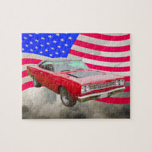 1968 Plymouth Roadrunner en de Amerikaanse vlag Legpuzzel