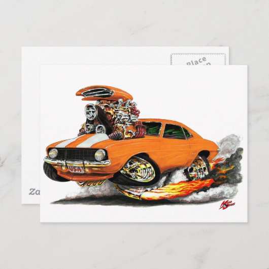 1969 Camaro SS Oranje-witte auto Briefkaart (Voorkant / Achterkant)