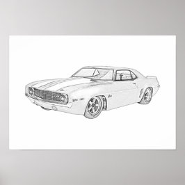 1969 Chevy Camaro Pencil Style Black and White Poster