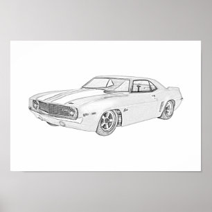 1969 Chevy Camaro Pencil Style Black and White Poster
