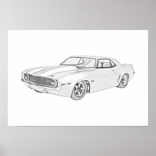1969 Chevy Camaro Pencil Style Black and White Poster (Voorkant)