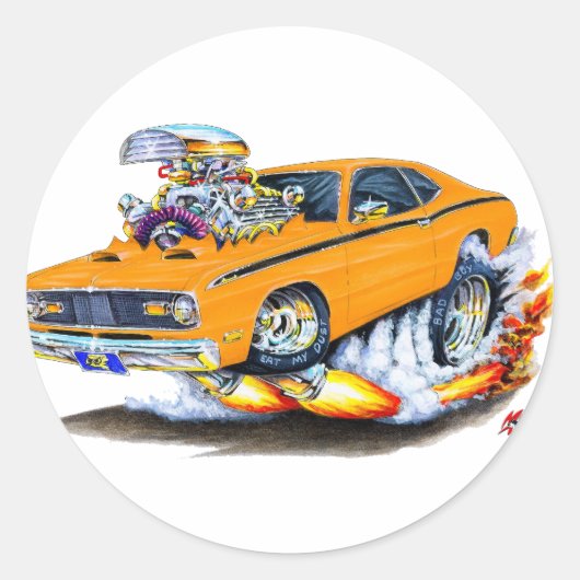 1970-74 Plymouth Duster Oranje auto Ronde Sticker (Voorkant)