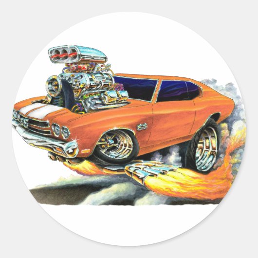 1970 Chevelle Sinaasappel-witte auto Ronde Sticker (Voorkant)