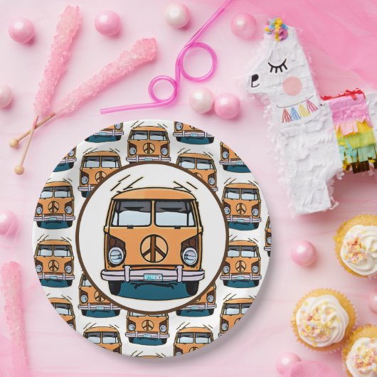 1970 Hippie Van Retro  Stijl Verjaardag Papieren Bordje (Feest)