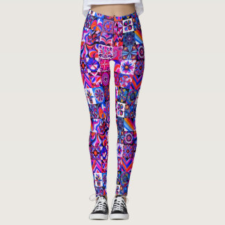 1970s Blauw+Paars Patroon Retro Stijl Aangepaste S Leggings
