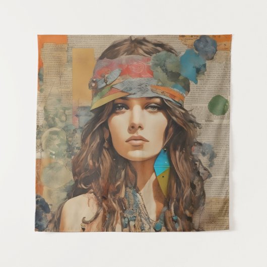 1970s Hippie Vrouw Collage Wandkleed (Voorkant)