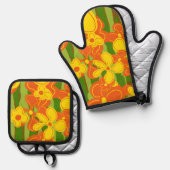 1970s Retro Sinaasappel gele bloemen Ovenwant & Pannenlap Set (Voorkant / Achterkant)