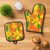 1970s Retro Sinaasappel gele bloemen Ovenwant & Pannenlap Set (Top down)