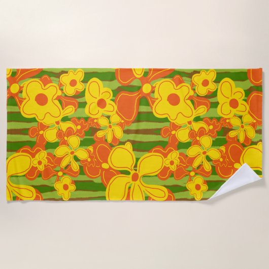 1970s Retro Sinaasappel gele bloemen Strandlaken (Voorkant)