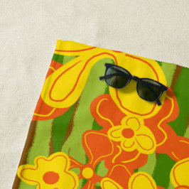 1970s Retro Sinaasappel gele bloemen Strandlaken