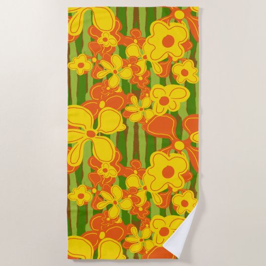 1970s Retro Sinaasappel gele bloemen Strandlaken (Voorkant)