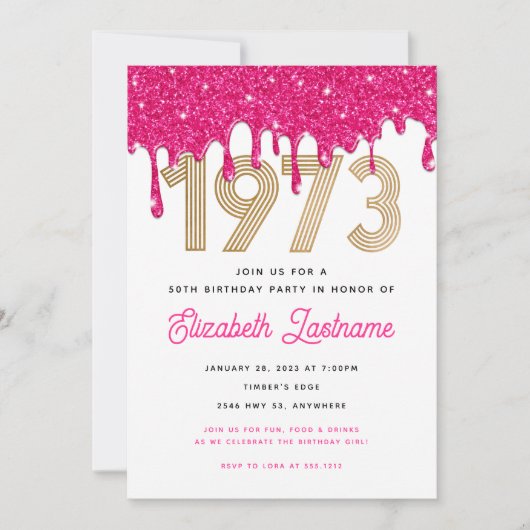 1973 Roze glitter Drip 50th Birthday Invitation Kaart (Voorkant)