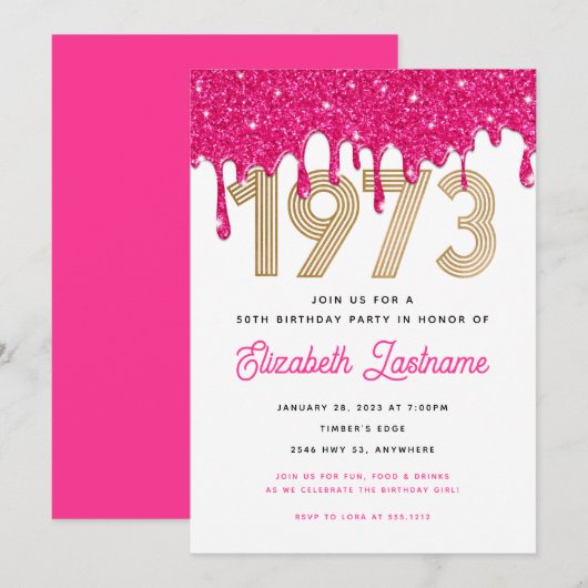 1973 Roze glitter Drip 50th Birthday Invitation Kaart (Voorkant / Achterkant)