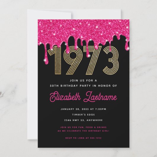 1973 Roze glitter Drip 50th Birthday Invitation Kaart (Voorkant)
