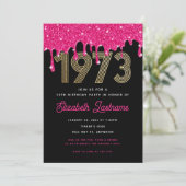 1973 Roze glitter Drip 50th Birthday Invitation Kaart (Staand voorkant)