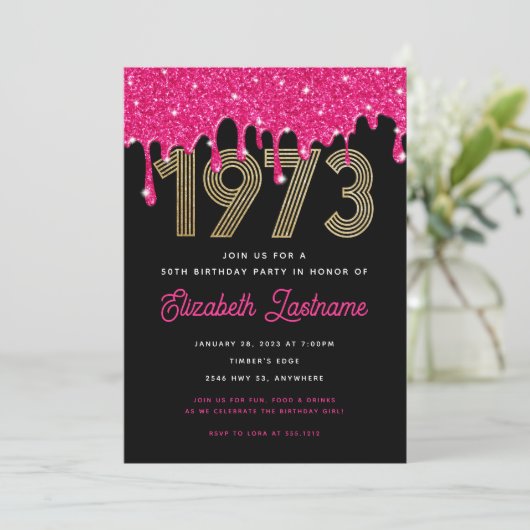 1973 Roze glitter Drip 50th Birthday Invitation Kaart (Staand voorkant)