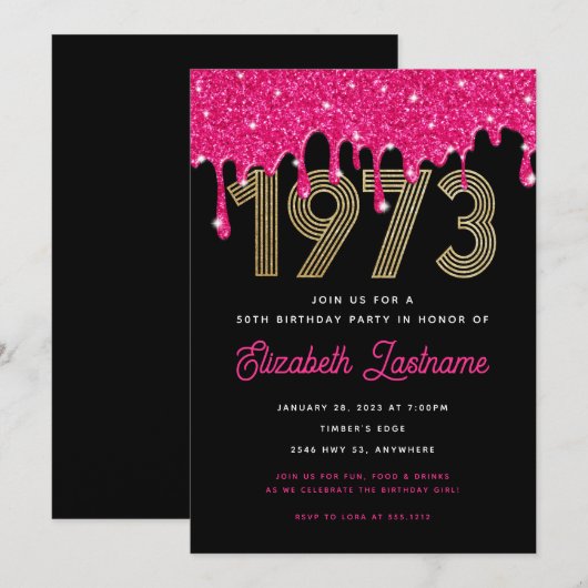 1973 Roze glitter Drip 50th Birthday Invitation Kaart (Voorkant / Achterkant)