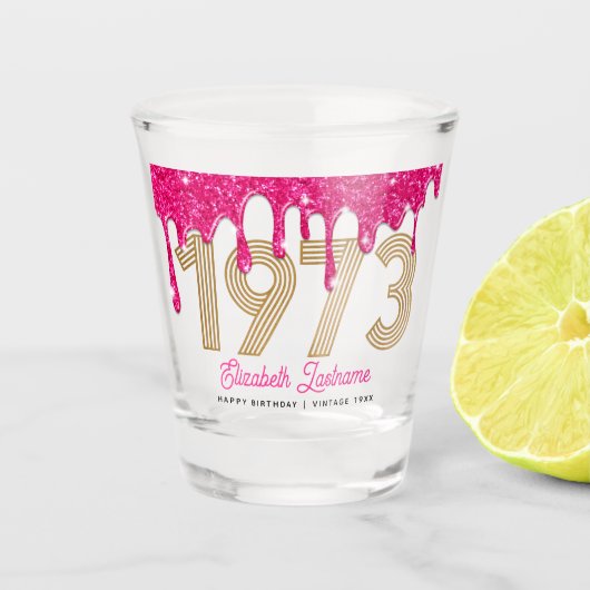 1973 Roze glitter Drip 50th Birthday Shot Glass Shot Glas (Voorkant)