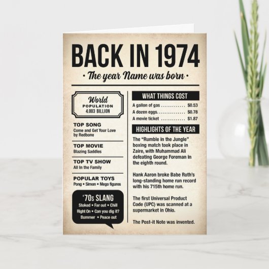 1974 Back in the Day, Fun Facts Birthday Card Kaart (Voorkant)
