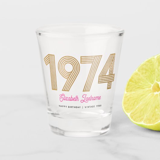 1974 Goud en Roze 50e verjaardag Shot Glass Shot Glas (Voorkant)