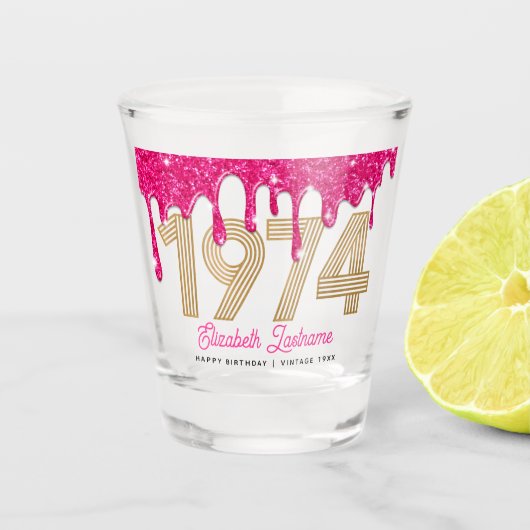 1974 Roze Glitter Drip 50e verjaardag Shot Glass Shot Glas (Voorkant)