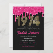 1974 Roze Glitter Drip 50ste verjaardag uitnodigin Kaart (Voorkant)