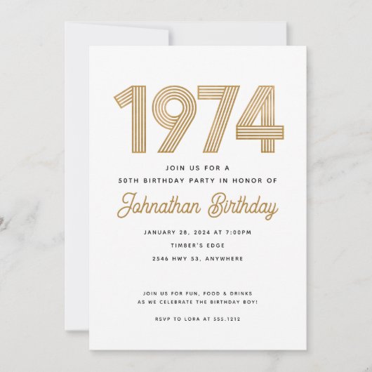 1974 Wit Zwart Goud 50e Verjaardag Uitnodiging (Voorkant)
