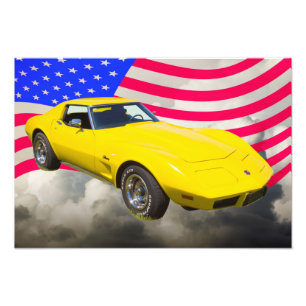1975 Corvette strandstraal met Amerikaanse vlag Foto Afdruk