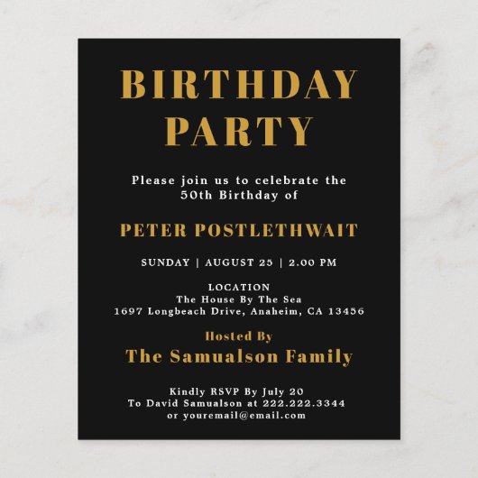 1976 Budget 50th Birthday Invitation Black Gold Flyer (Achterkant)