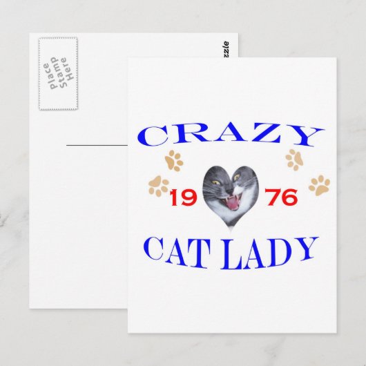 1976 Crazy Cat Lady Briefkaart (Voorkant / Achterkant)