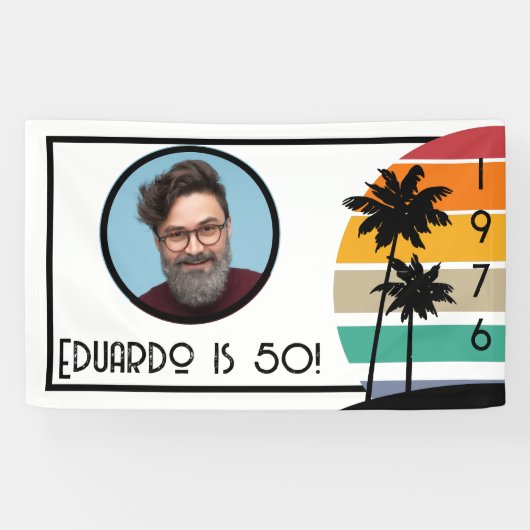 1976 Retro Stripe Sunset  Aangepaste Fotonaam Spandoek (Horizontaal)