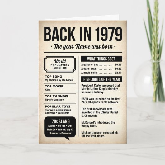 1979 Back in the Day, Fun Facts Birthday Card Kaart (Voorkant)