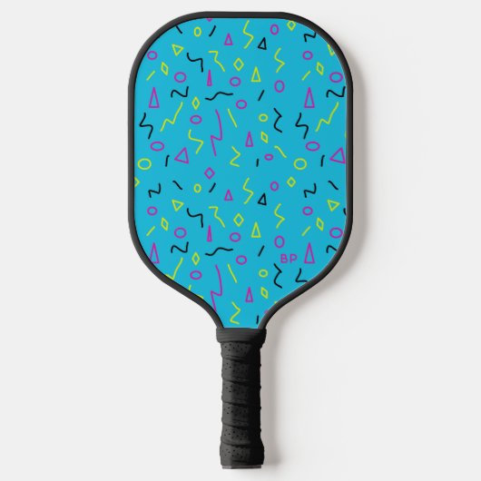 1980s Blauw Roze Gele Squiggles Memphis Patroon Pickleball Paddle (Voorkant)