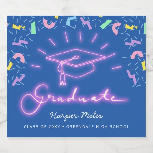 1980s confetti roze neon afstuderen pet Sparkling Sparkling Wijnetiket (Enkel label)